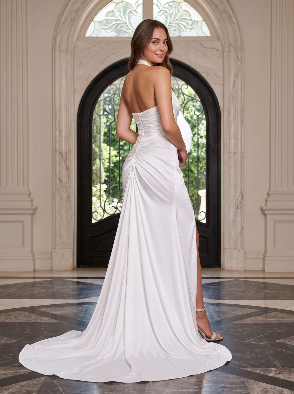 White Crepe Sheath Halter neckline Backless Floor-Length Dress with Ruched Bodice