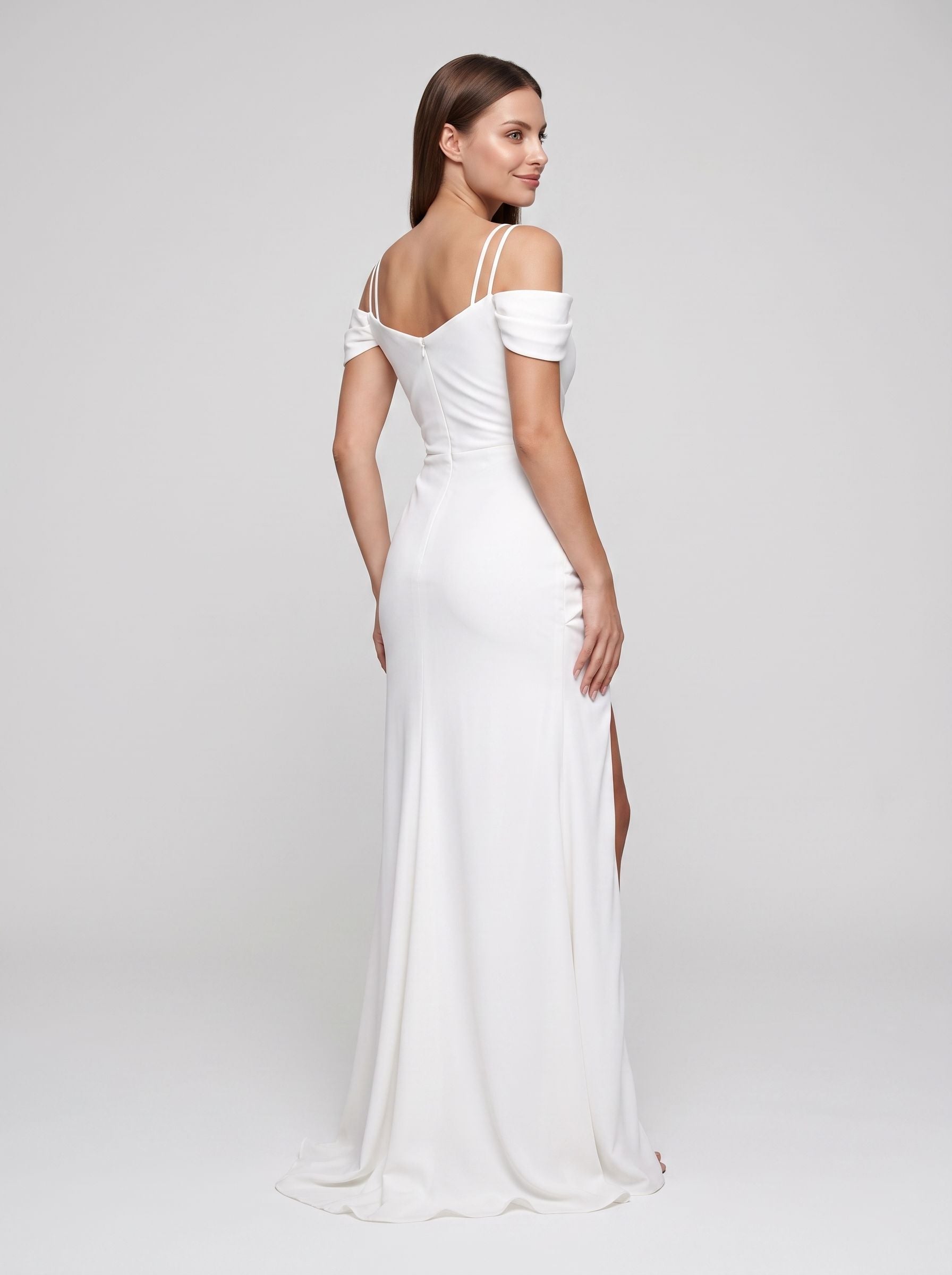 White Stretch Knit column Sweetheart Back Zip Floor-Length Dress with Cold-shoulder Side Slit