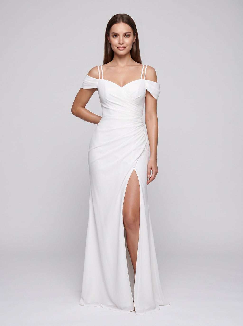 White Stretch Knit column Sweetheart Back Zip Floor-Length Dress with Cold-shoulder Side Slit