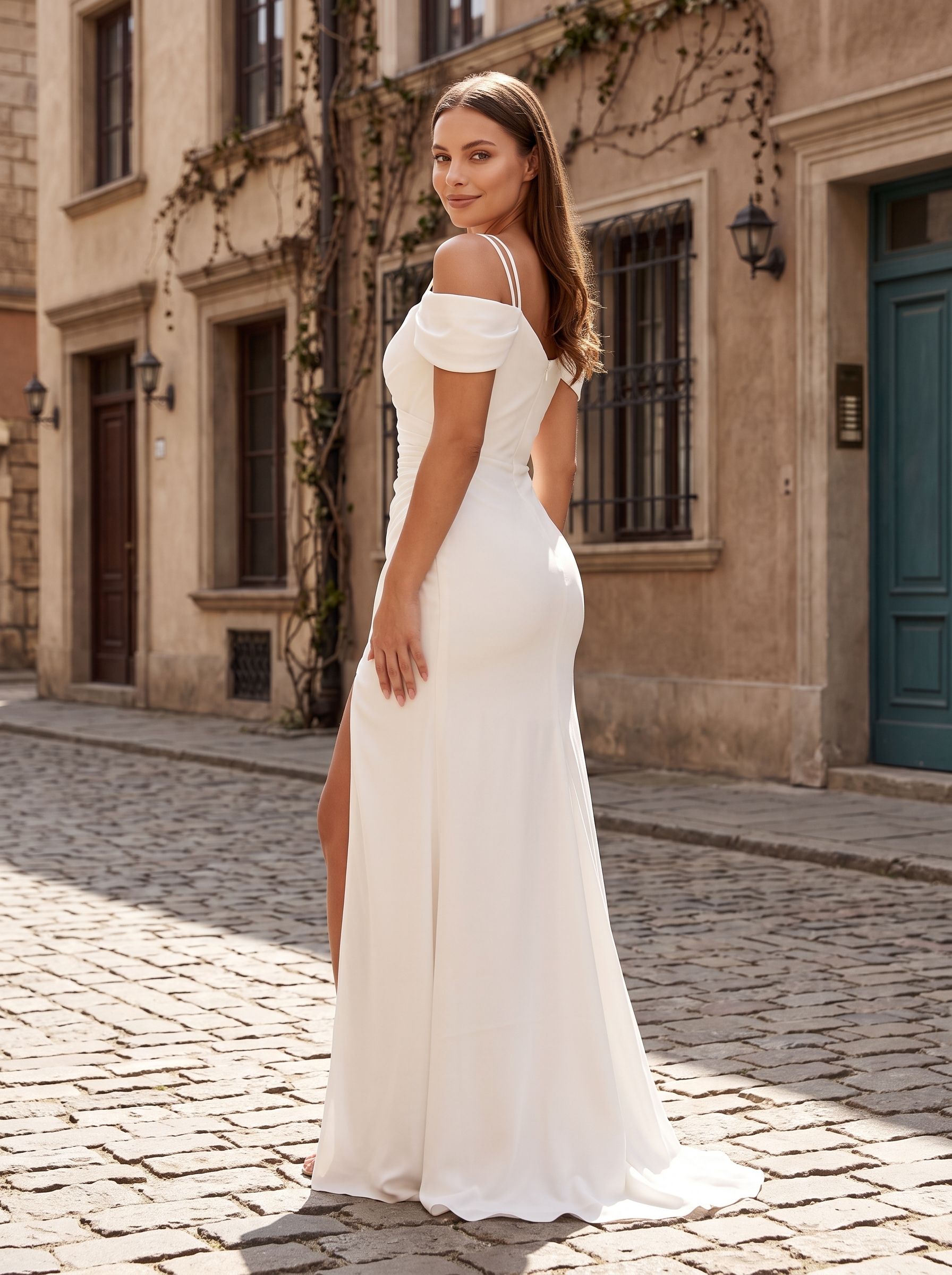 White Stretch Knit column Sweetheart Back Zip Floor-Length Dress with Cold-shoulder Side Slit