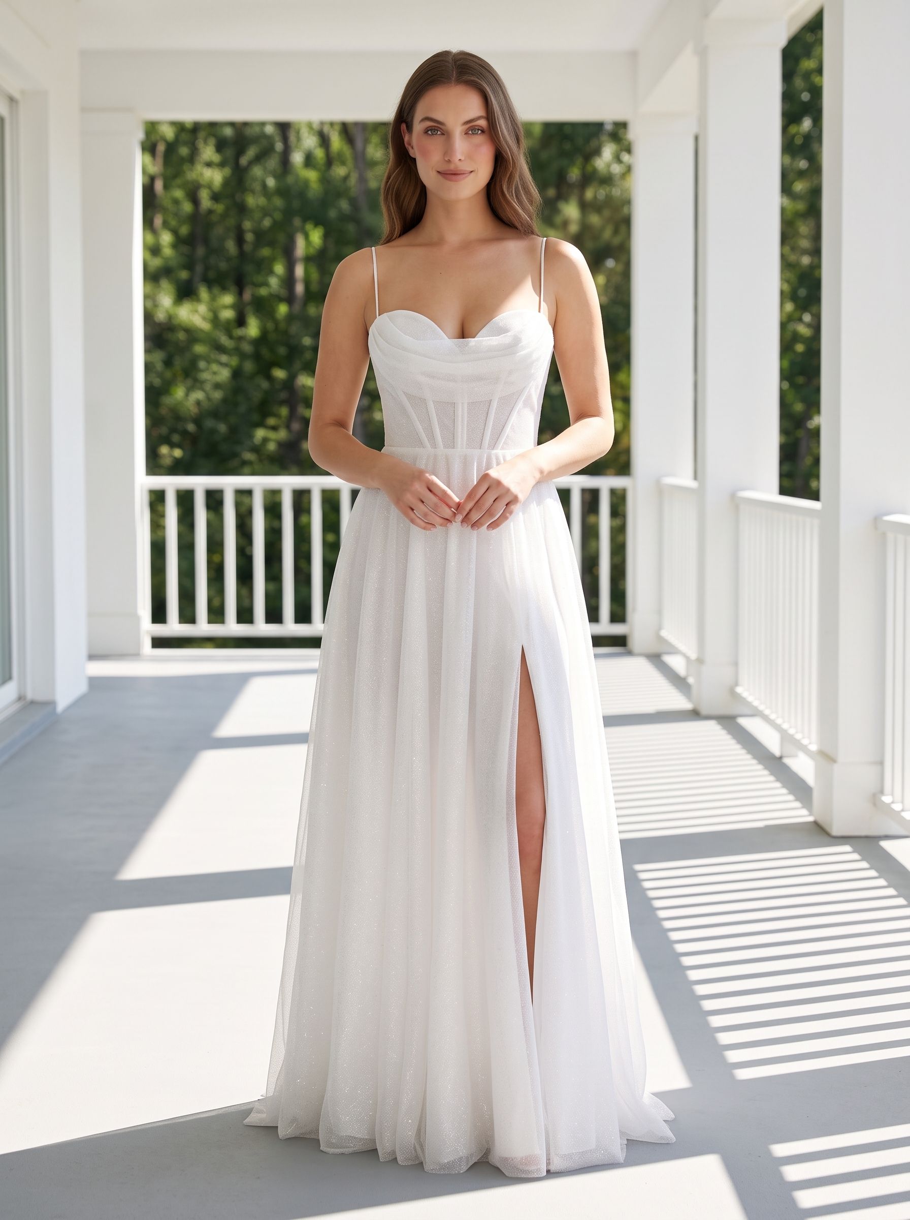 White Tulle A-Line Sweetheart Corset Back Floor-Length Dress with Side Slit