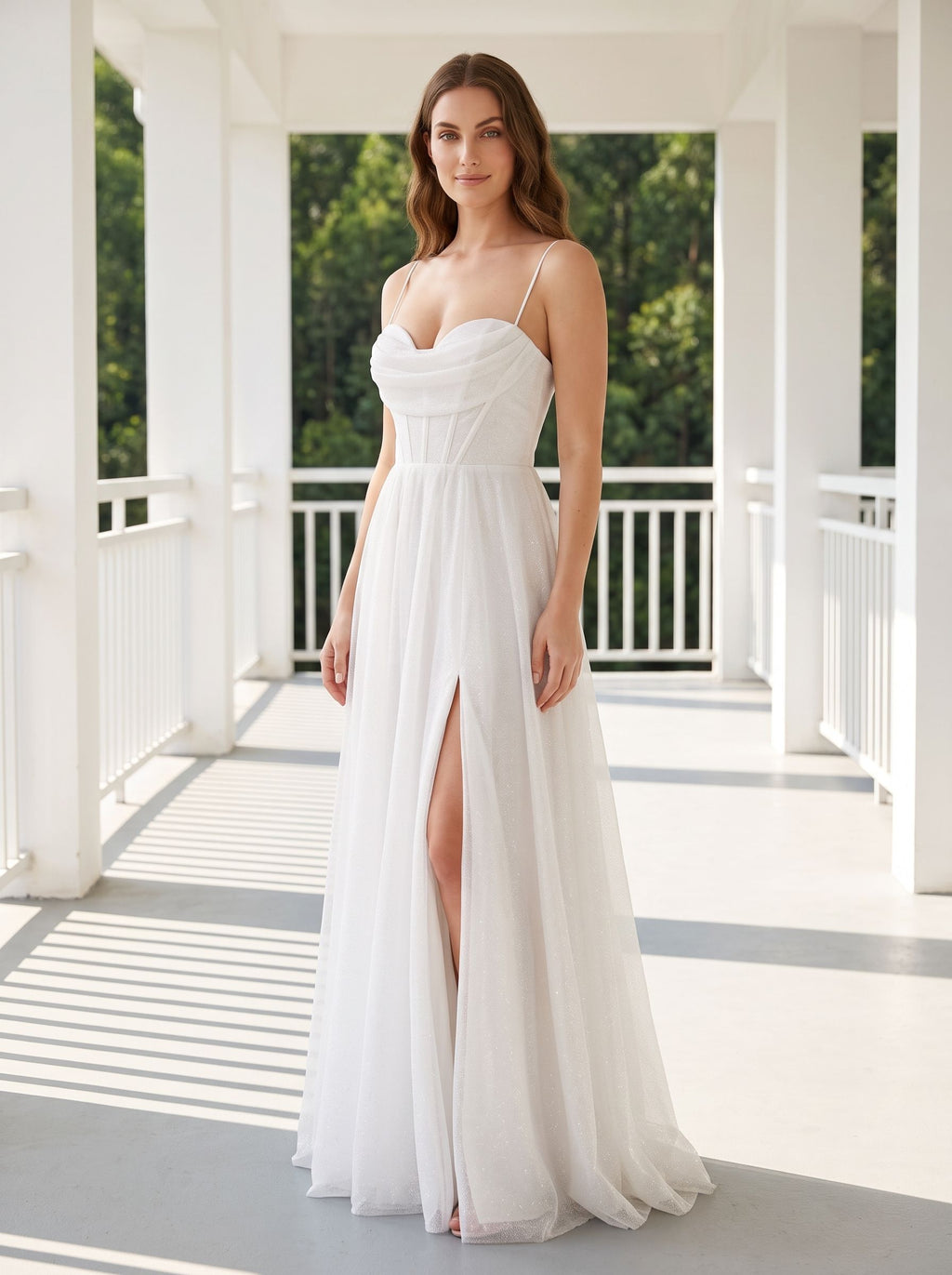 White Tulle A-Line Sweetheart Corset Back Floor-Length Dress with Side Slit