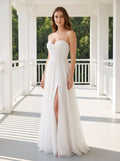 White Tulle A-Line Sweetheart Corset Back Floor-Length Dress with Side Slit