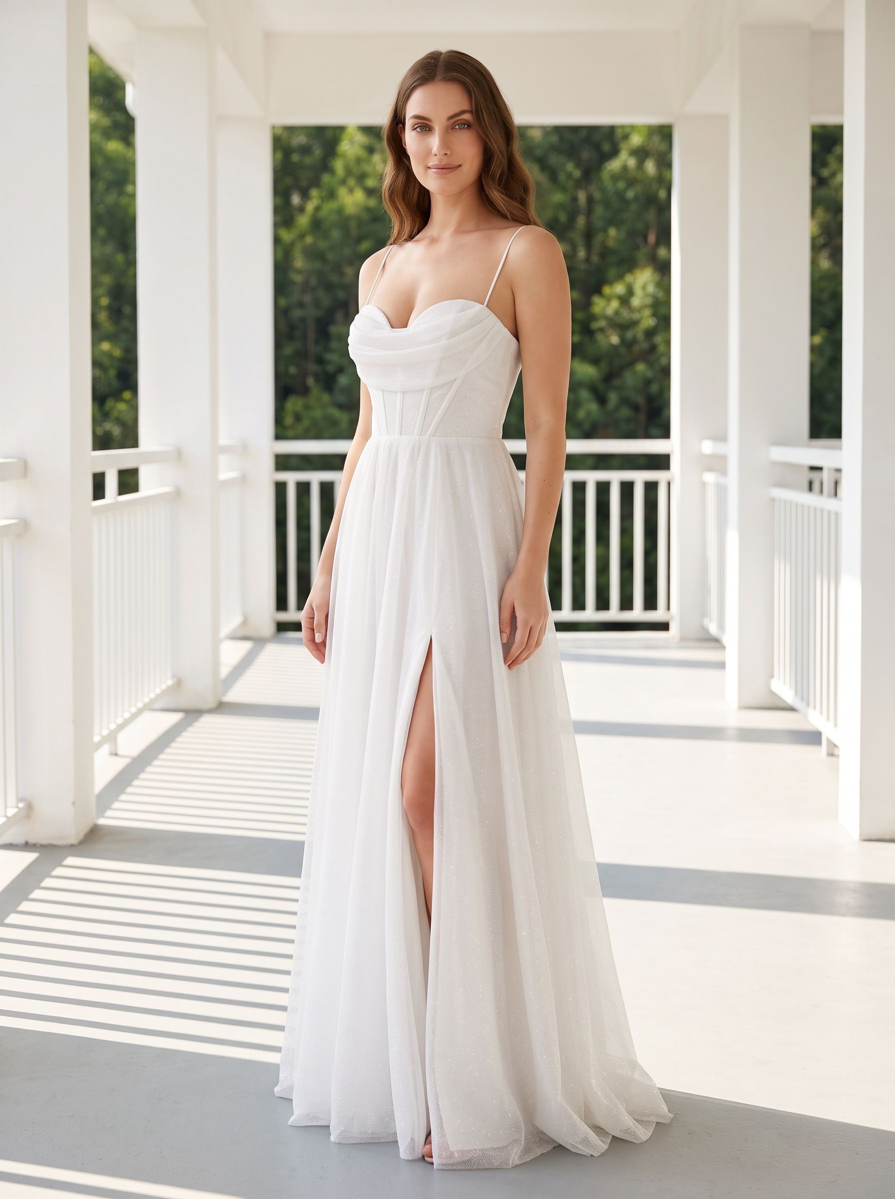 White Tulle A-Line Sweetheart Corset Back Floor-Length Dress with Side Slit