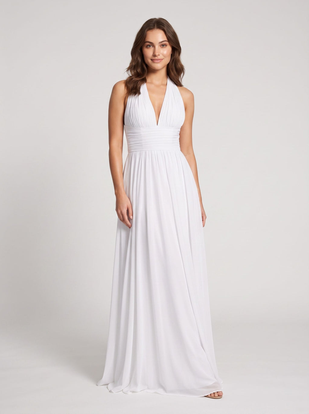 White Chiffon A-Line Halter neckline Bow Floor-Length Dress with Banded Waist