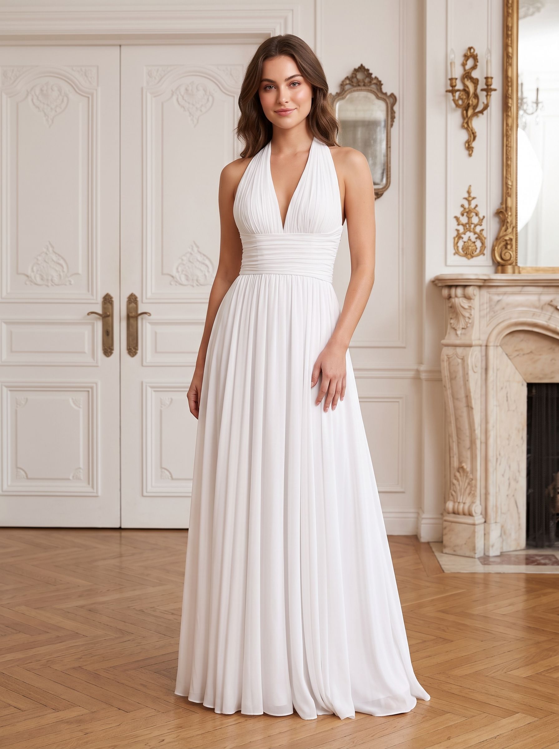 White Chiffon A-Line Halter neckline Bow Floor-Length Dress with Banded Waist