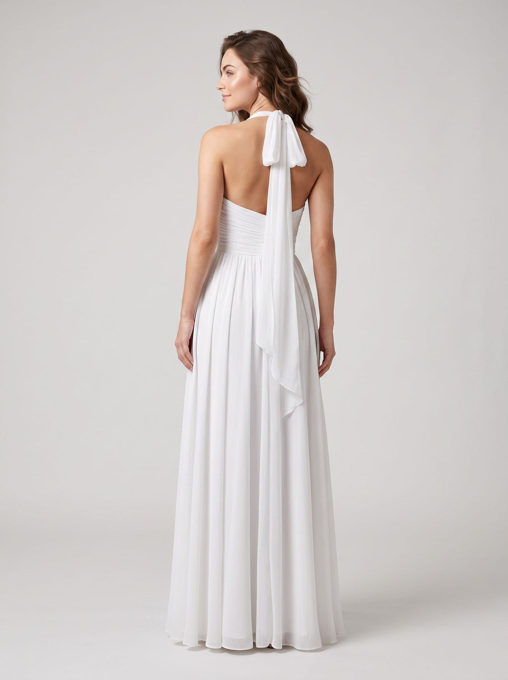 White Chiffon A-Line Halter neckline Bow Floor-Length Dress with Banded Waist
