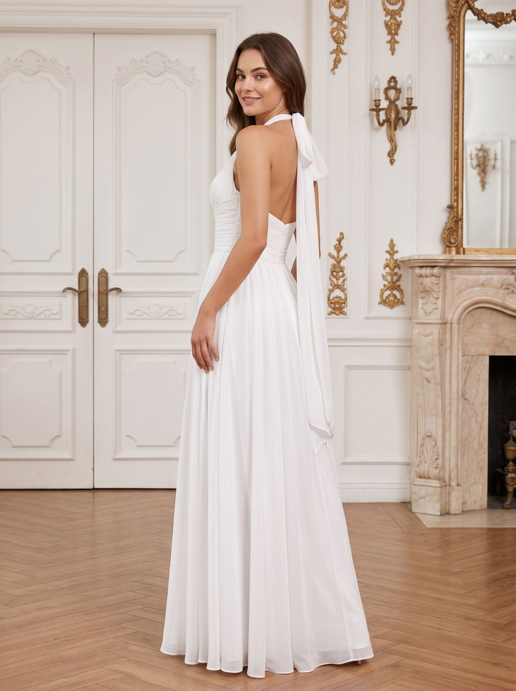 White Chiffon A-Line Halter neckline Bow Floor-Length Dress with Banded Waist
