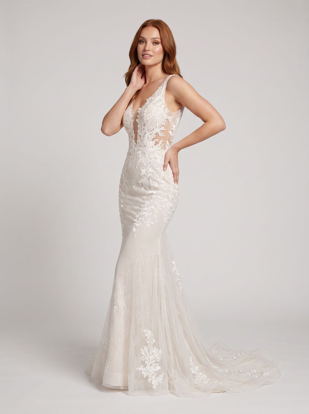 White Lace Mermaid V-Neck Backless Floor-Length Dress with Lace Appliques and Sweep Train