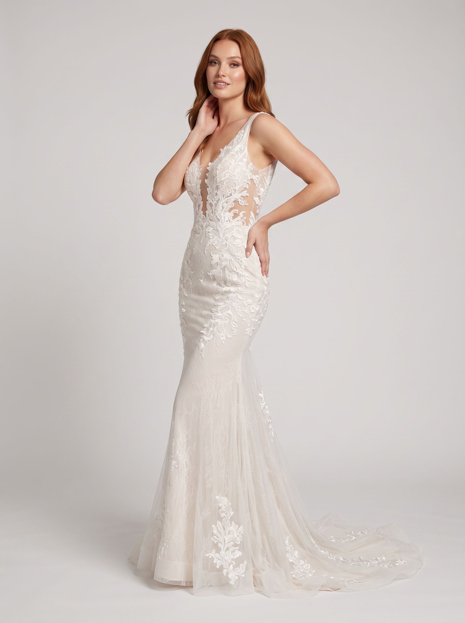 White Lace Mermaid V-Neck Backless Floor-Length Dress with Lace Appliques and Sweep Train