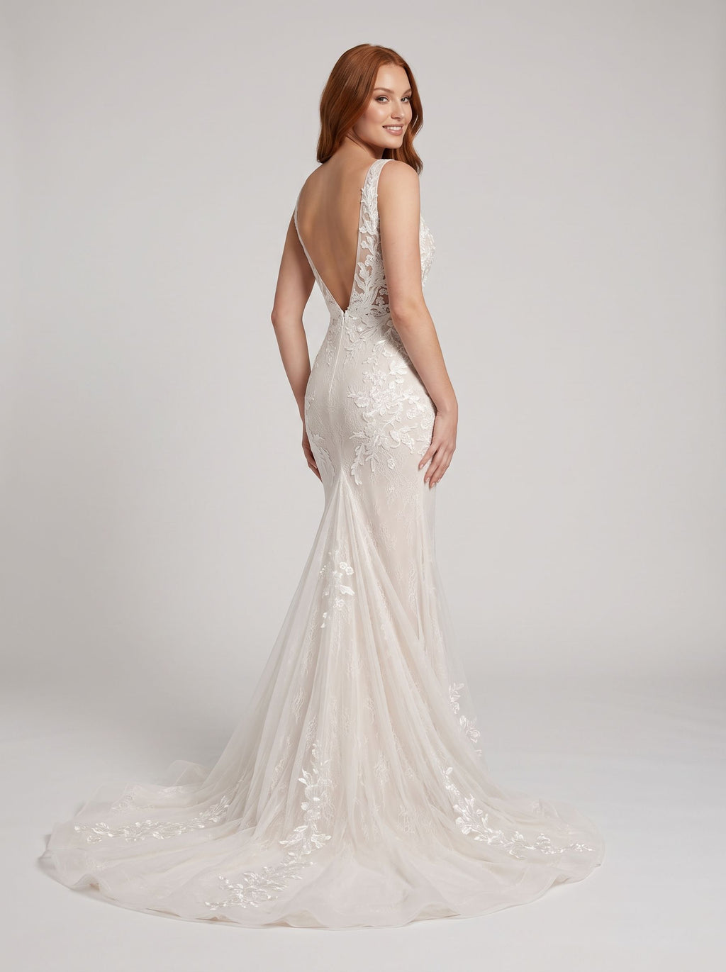 White Lace Mermaid V-Neck Backless Floor-Length Dress with Lace Appliques and Sweep Train