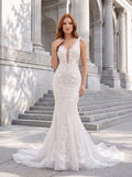 White Lace Mermaid V-Neck Backless Floor-Length Dress with Lace Appliques and Sweep Train