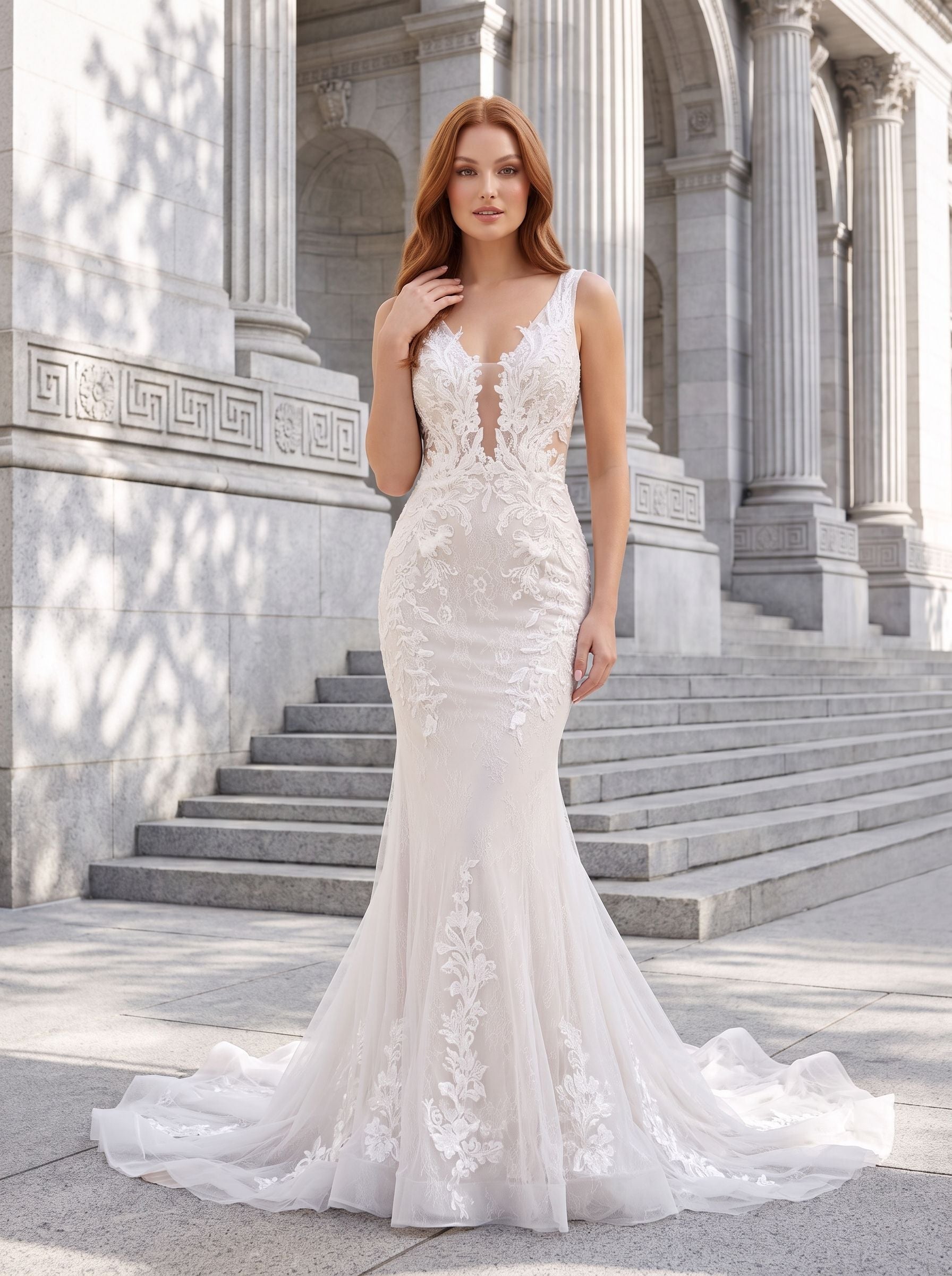 White Lace Mermaid V-Neck Backless Floor-Length Dress with Lace Appliques and Sweep Train
