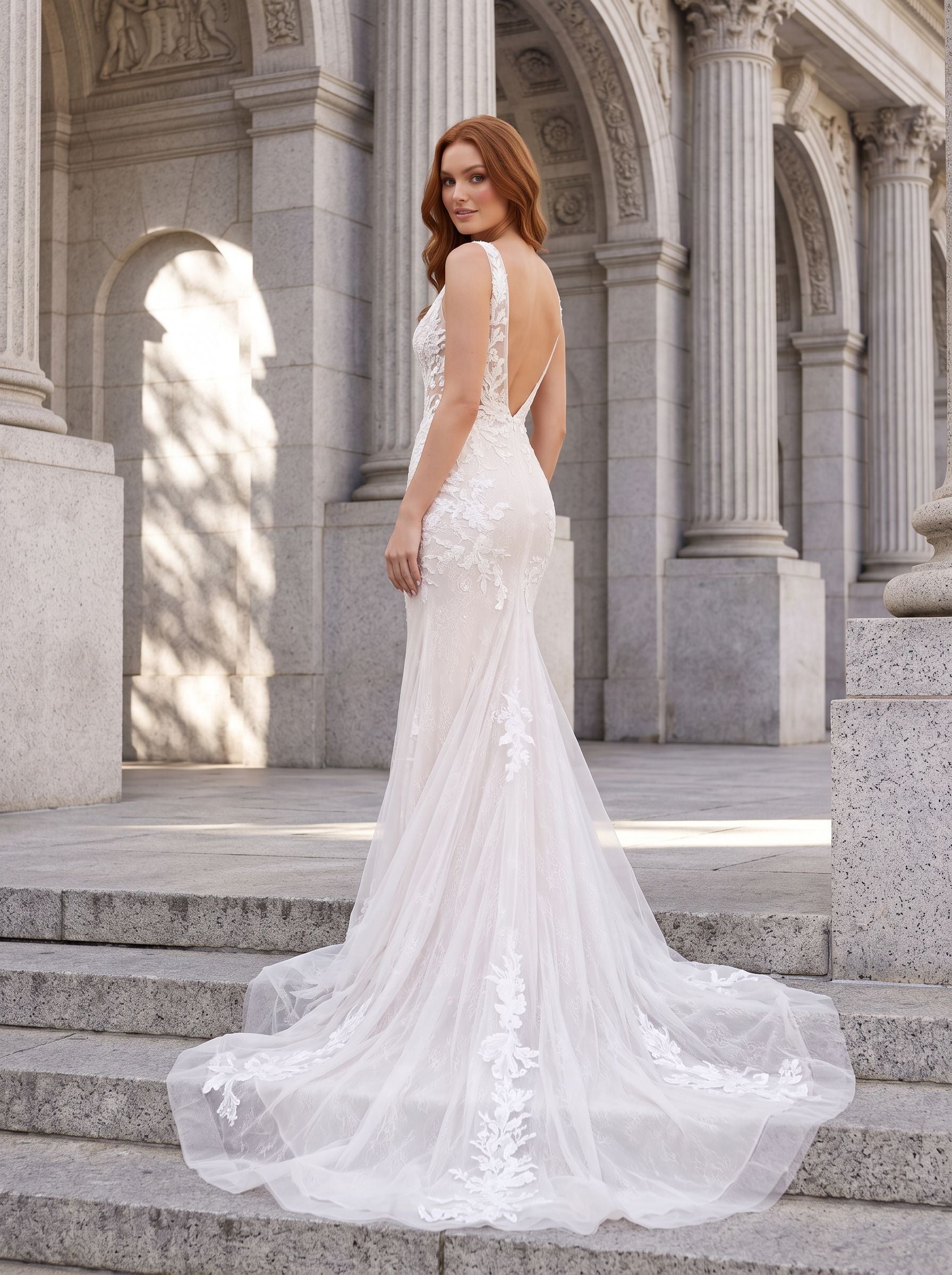 White Lace Mermaid V-Neck Backless Floor-Length Dress with Lace Appliques and Sweep Train