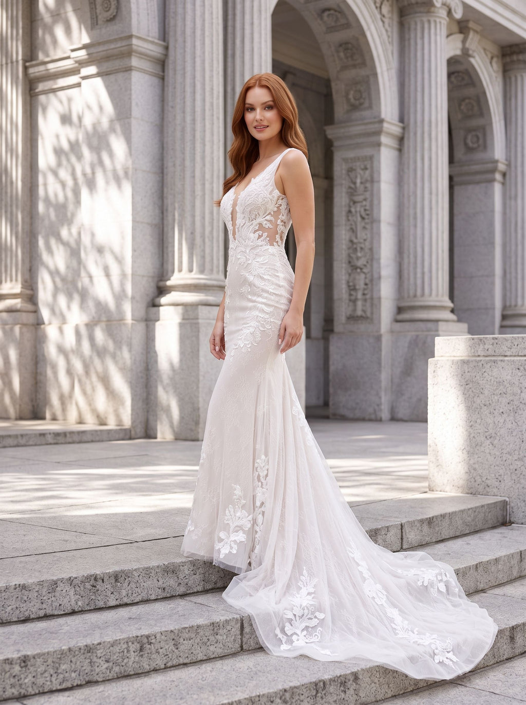 White Lace Mermaid V-Neck Backless Floor-Length Dress with Lace Appliques and Sweep Train
