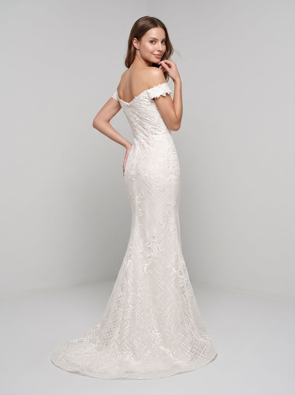White Lace Mermaid Off-the-Shoulder Back Zip Floor-Length Dress with Floral Lace Appliques