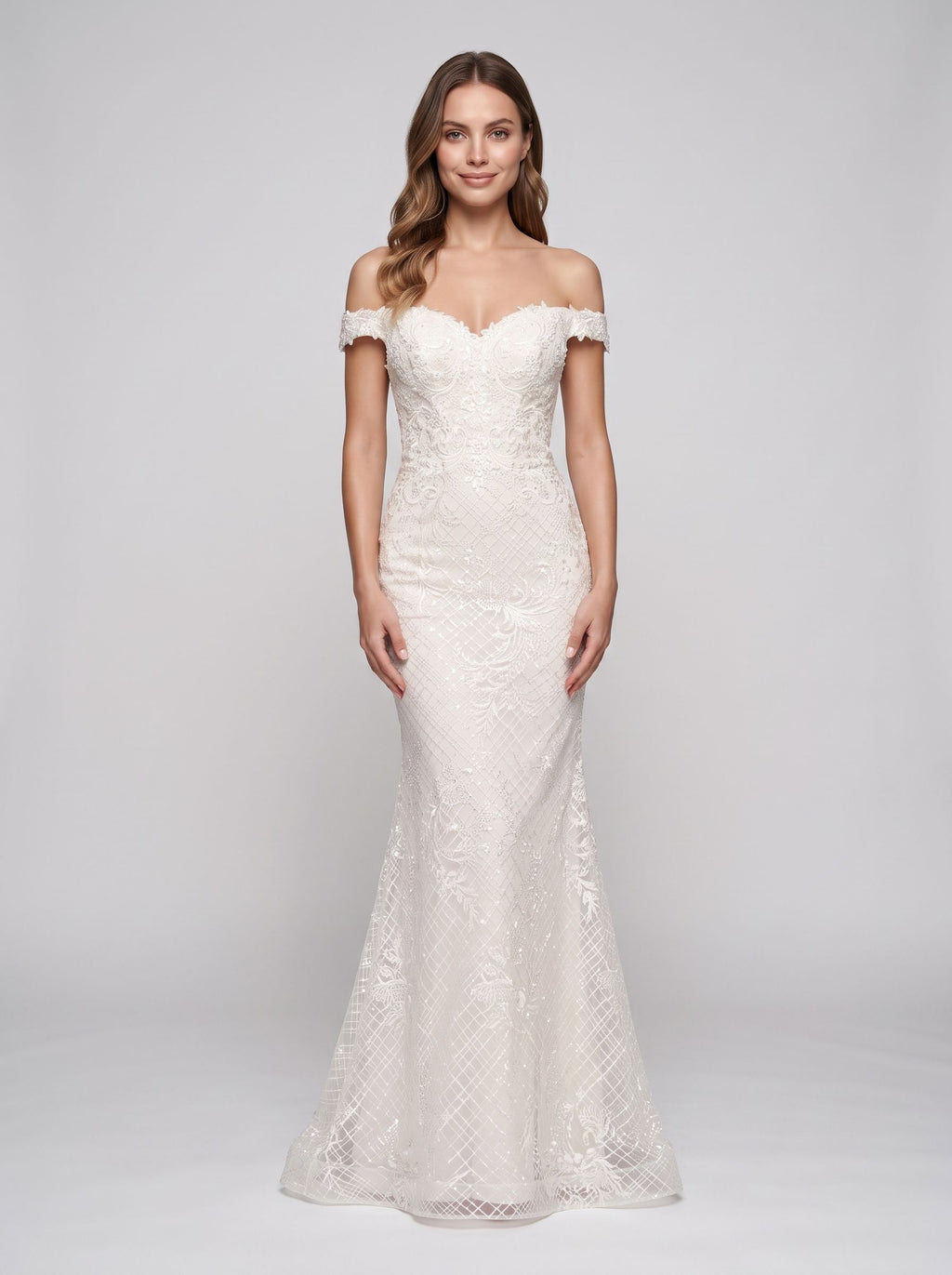 White Lace Mermaid Off-the-Shoulder Back Zip Floor-Length Dress with Floral Lace Appliques