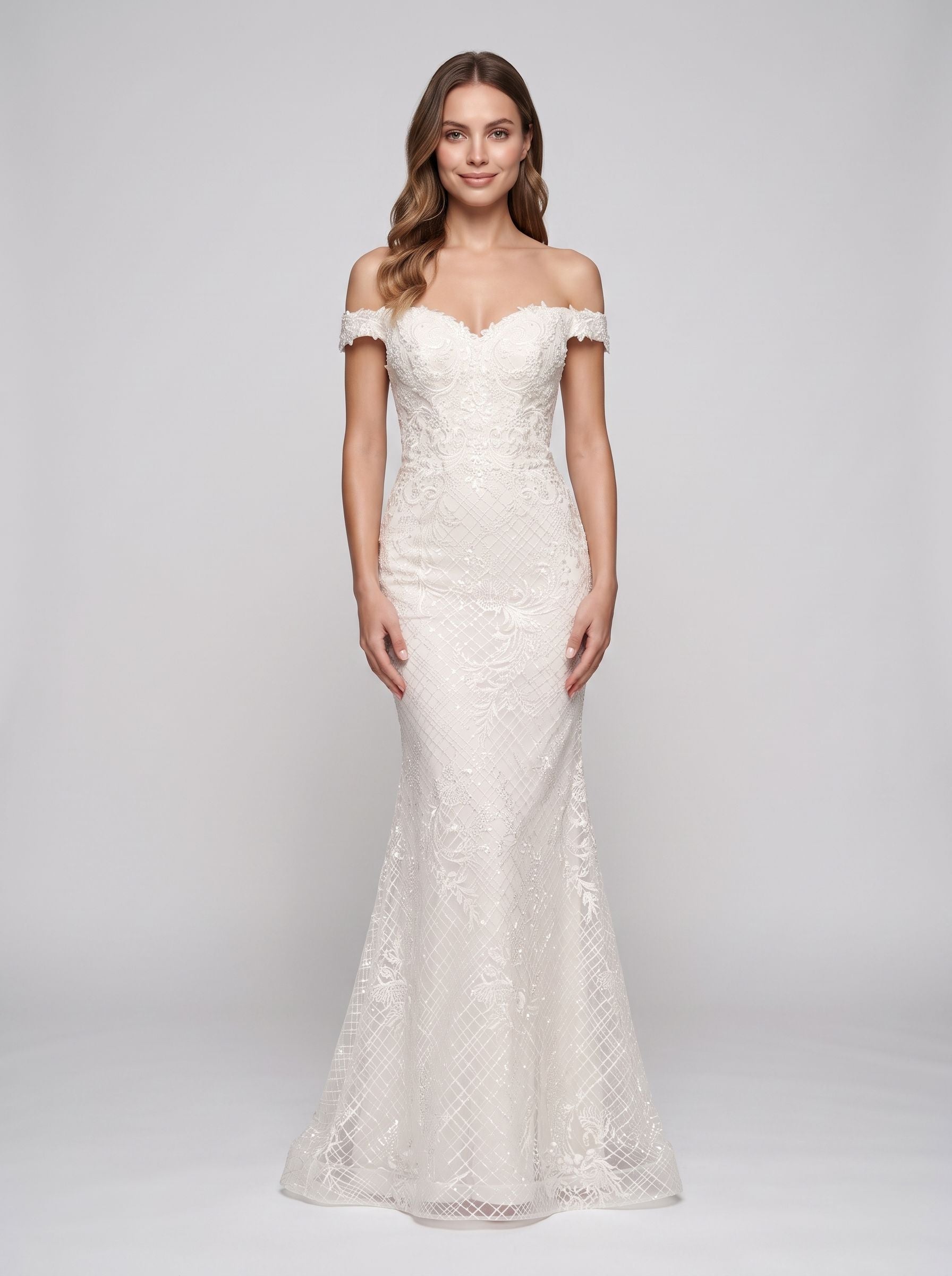 White Lace Mermaid Off-the-Shoulder Back Zip Floor-Length Dress with Floral Lace Appliques