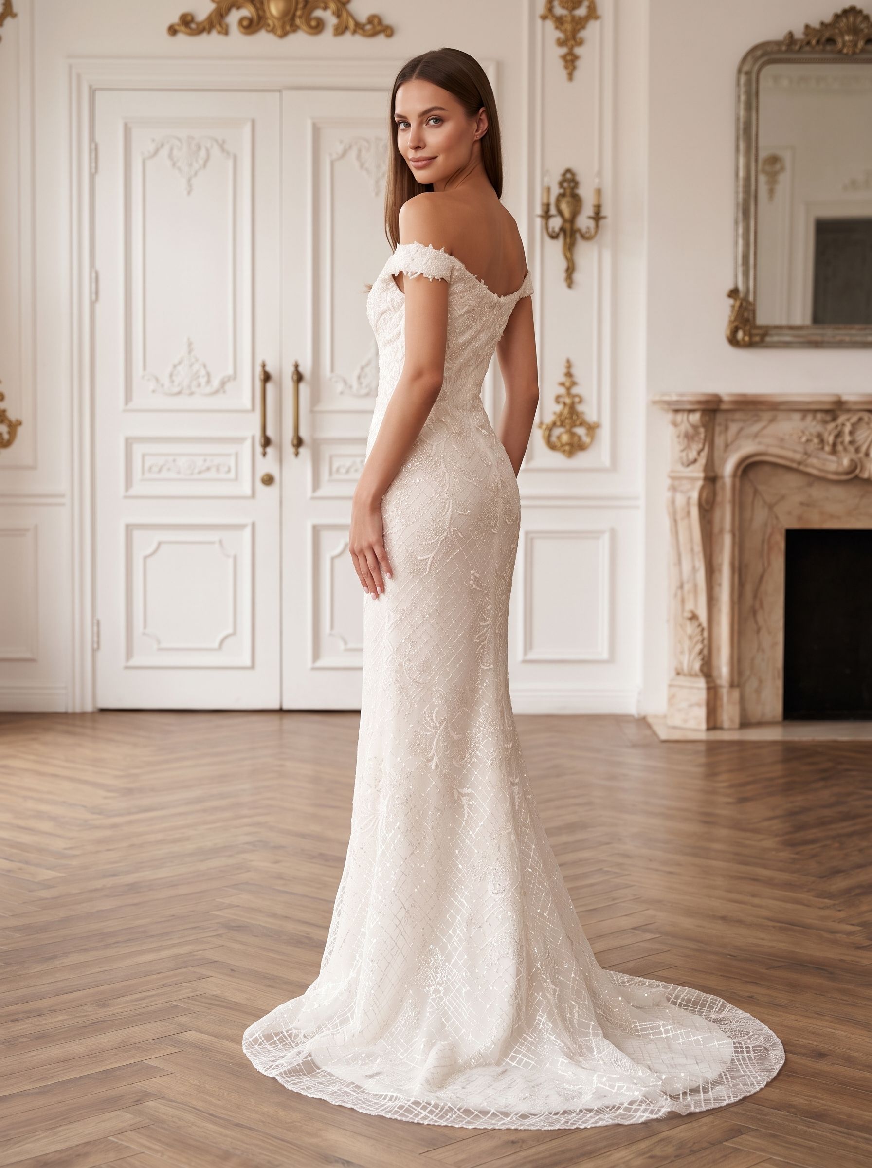 White Lace Mermaid Off-the-Shoulder Back Zip Floor-Length Dress with Floral Lace Appliques