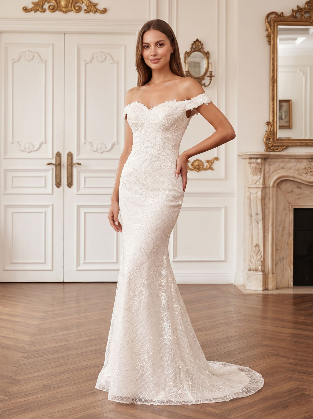 White Lace Mermaid Off-the-Shoulder Back Zip Floor-Length Dress with Floral Lace Appliques