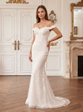 White Lace Mermaid Off-the-Shoulder Back Zip Floor-Length Dress with Floral Lace Appliques