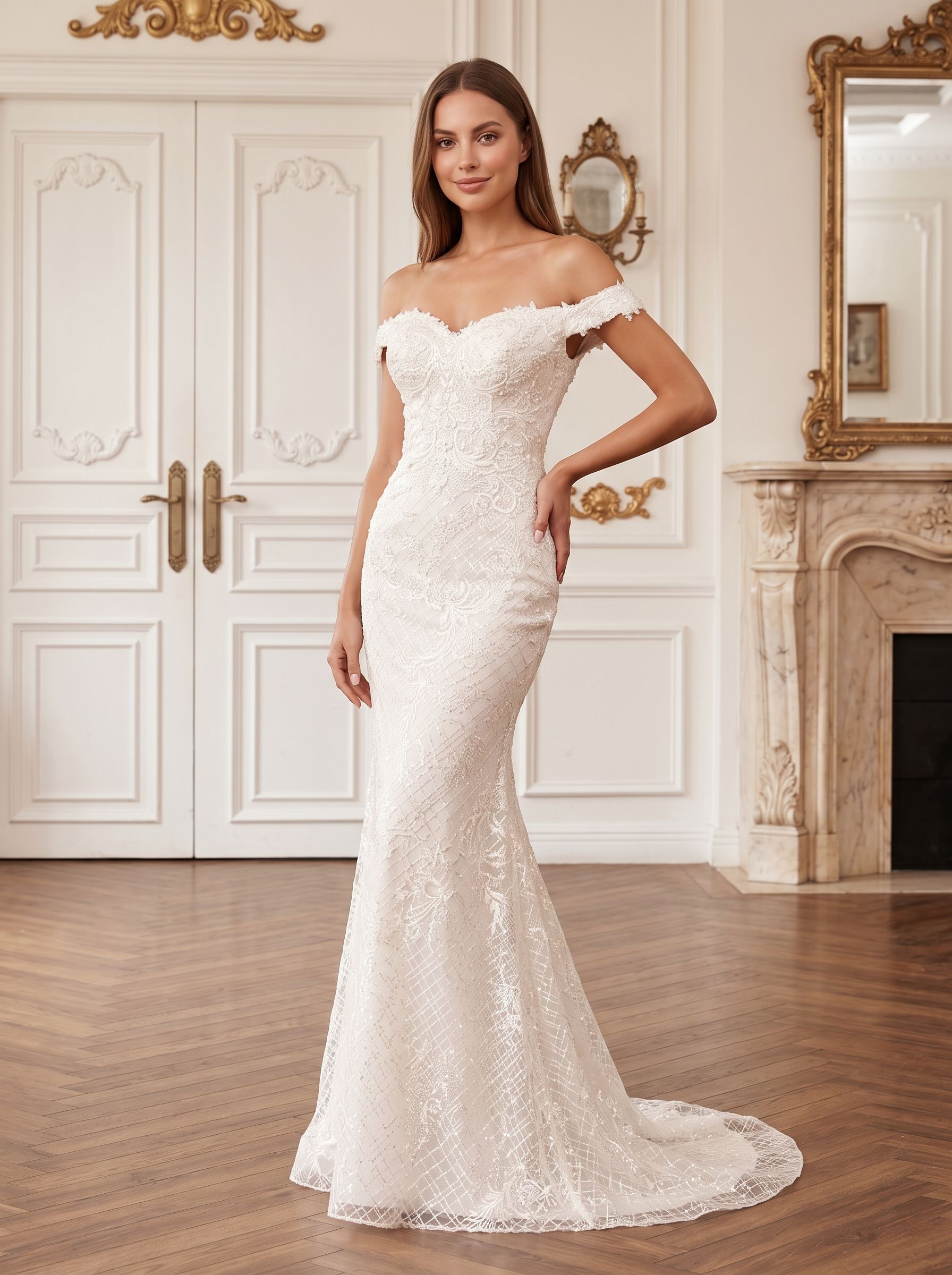 White Lace Mermaid Off-the-Shoulder Back Zip Floor-Length Dress with Floral Lace Appliques