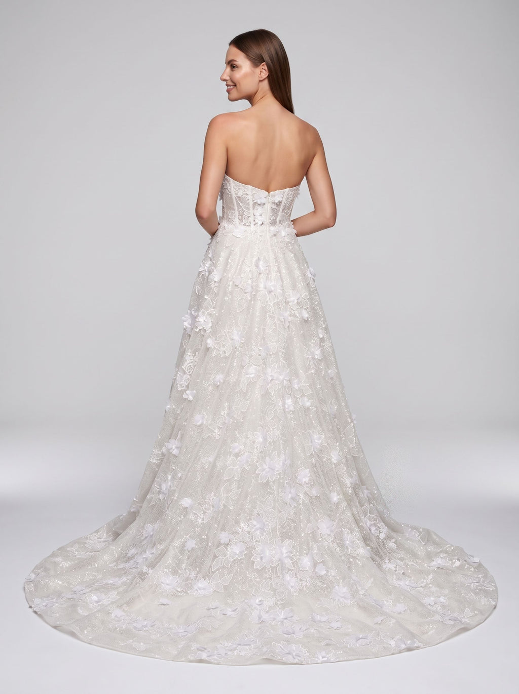 White Lace A-Line Sweetheart Corset Back Floor-Length Dress with 3D Floral Embroidery