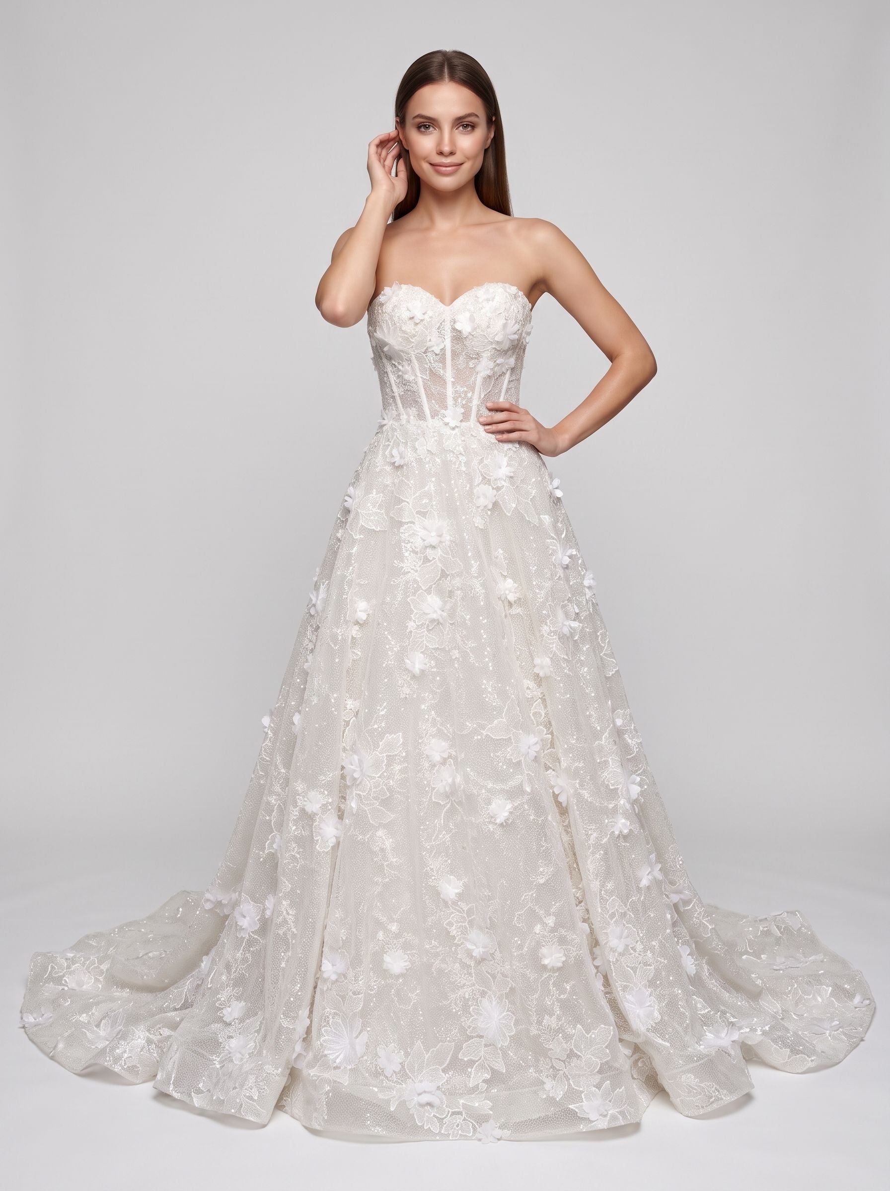 White Lace A-Line Sweetheart Corset Back Floor-Length Dress with 3D Floral Embroidery