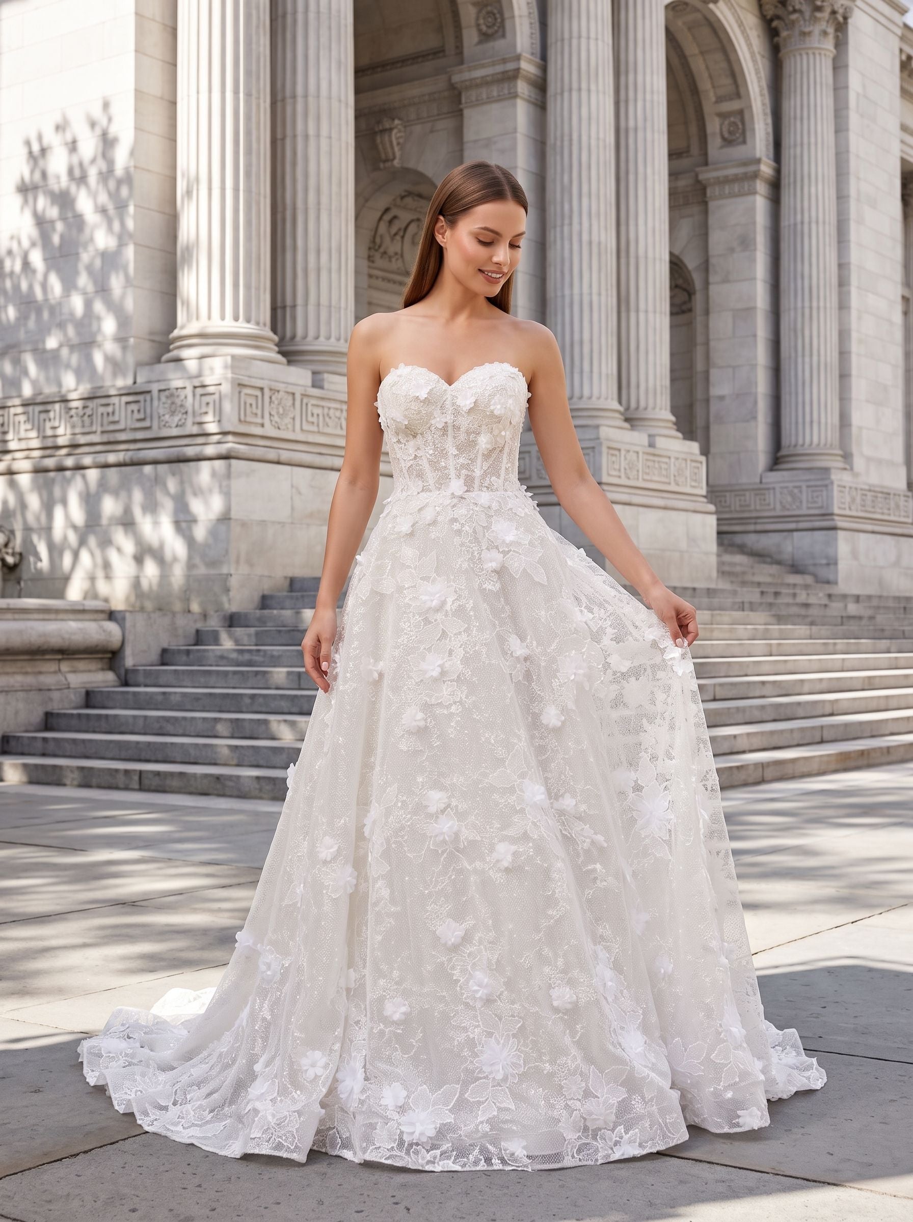 White Lace A-Line Sweetheart Corset Back Floor-Length Dress with 3D Floral Embroidery