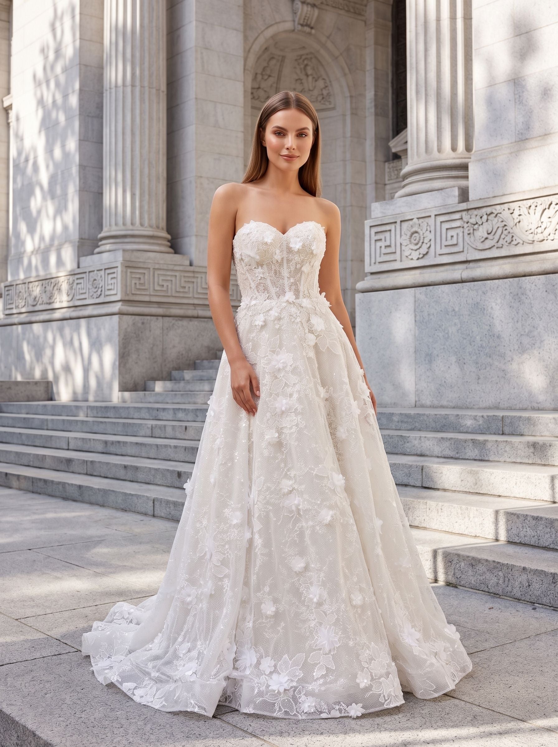 White Lace A-Line Sweetheart Corset Back Floor-Length Dress with 3D Floral Embroidery