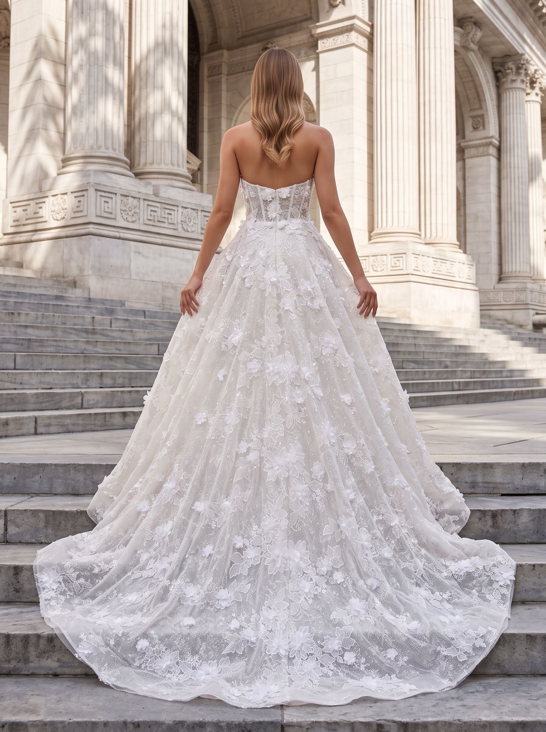 White Lace A-Line Sweetheart Corset Back Floor-Length Dress with 3D Floral Embroidery