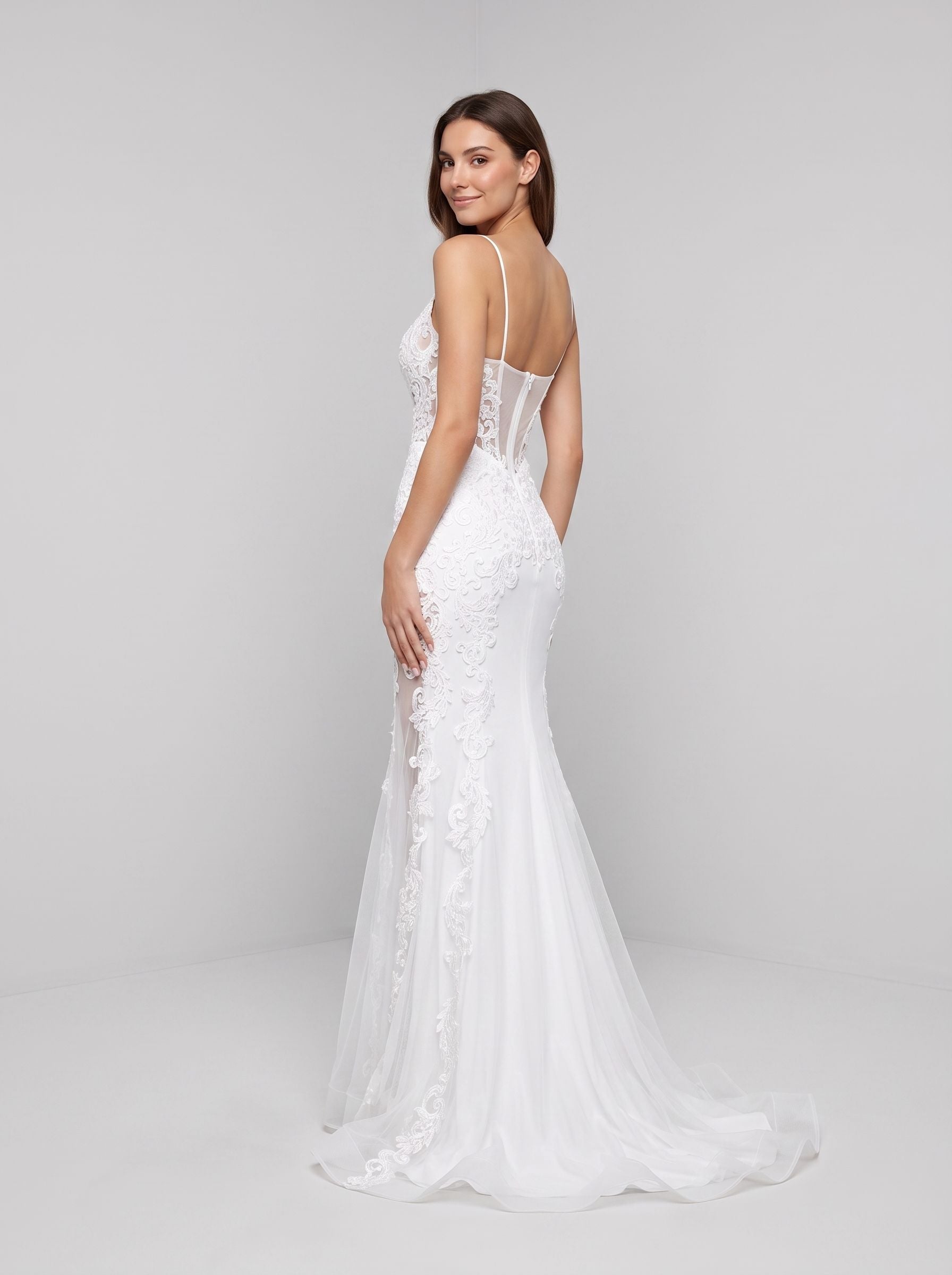 White Lace Mermaid V-Neck Illusion Floor-Length Dress with Sheer Lace Corset Bodice