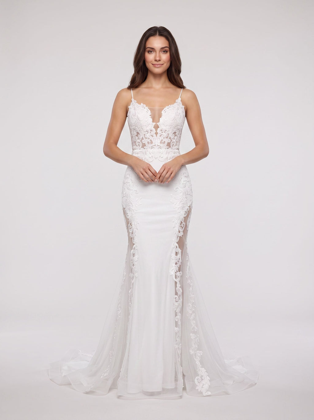 White Lace Mermaid V-Neck Illusion Floor-Length Dress with Sheer Lace Corset Bodice