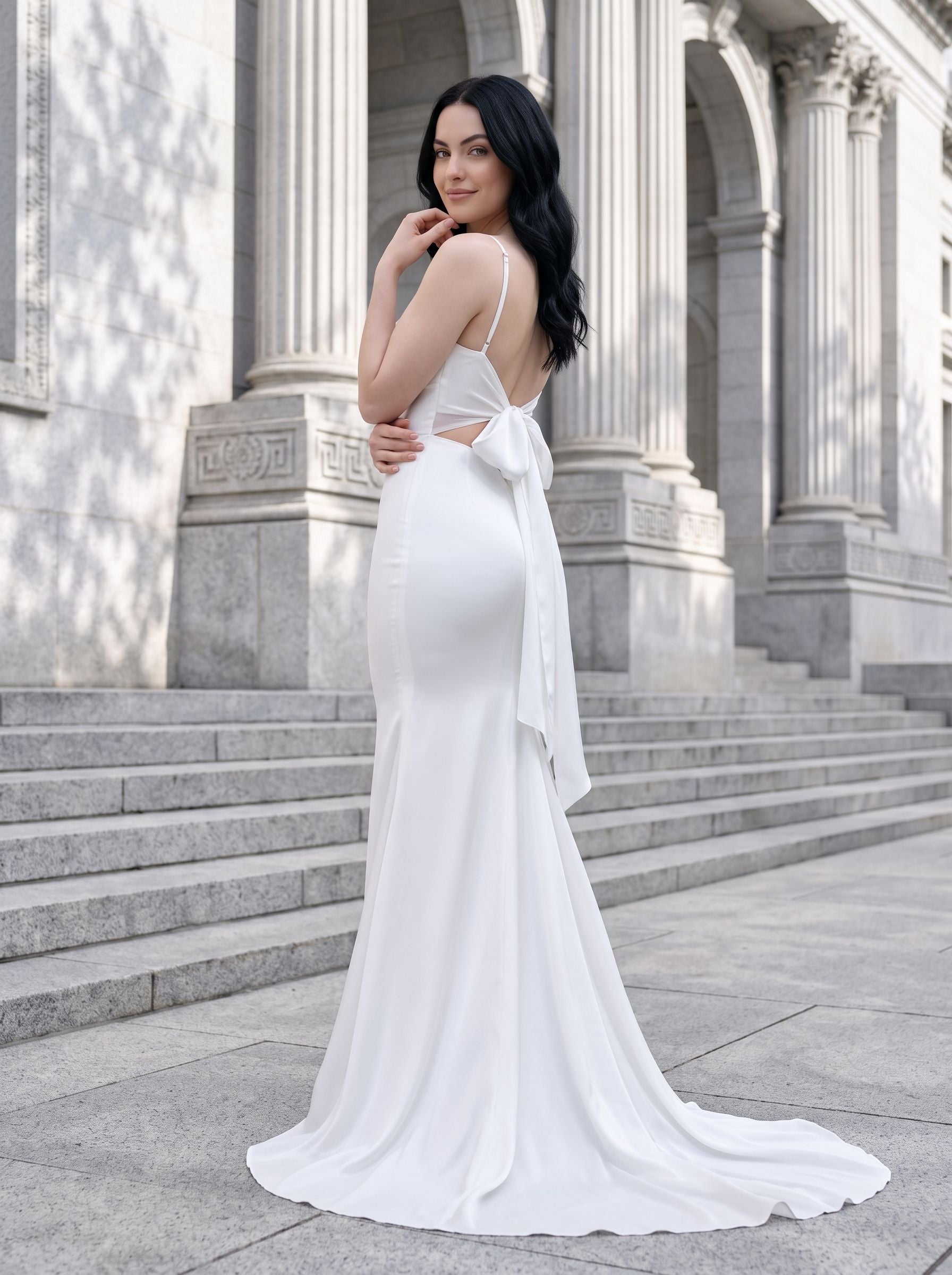 White Satin Mermaid Cowl Neck Bow Floor-Length Dress with Small Train