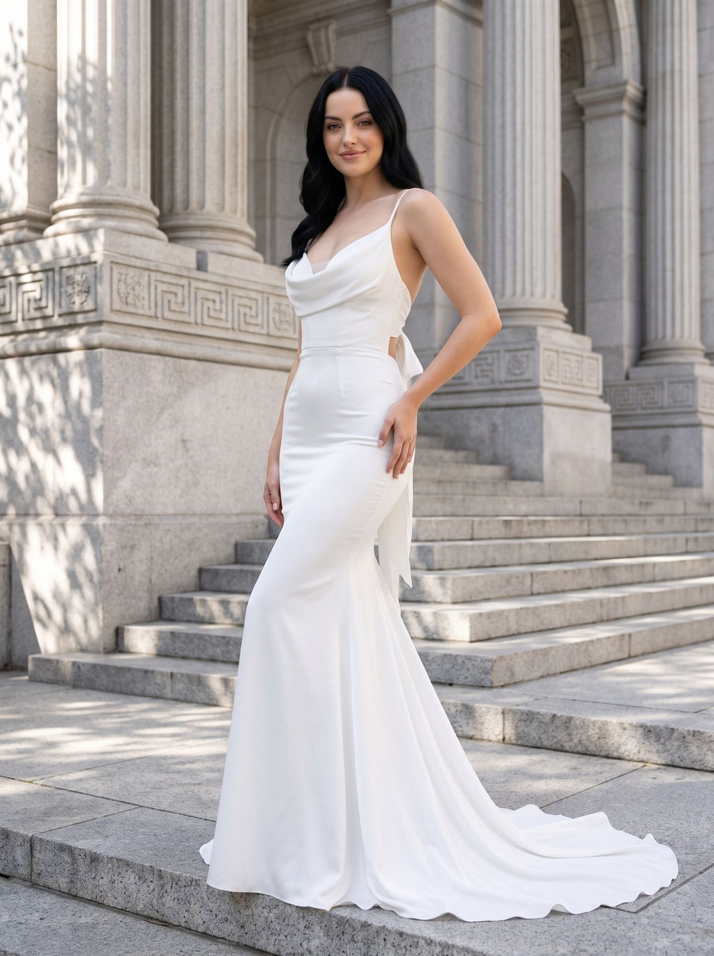 White Satin Mermaid Cowl Neck Bow Floor-Length Dress with Small Train