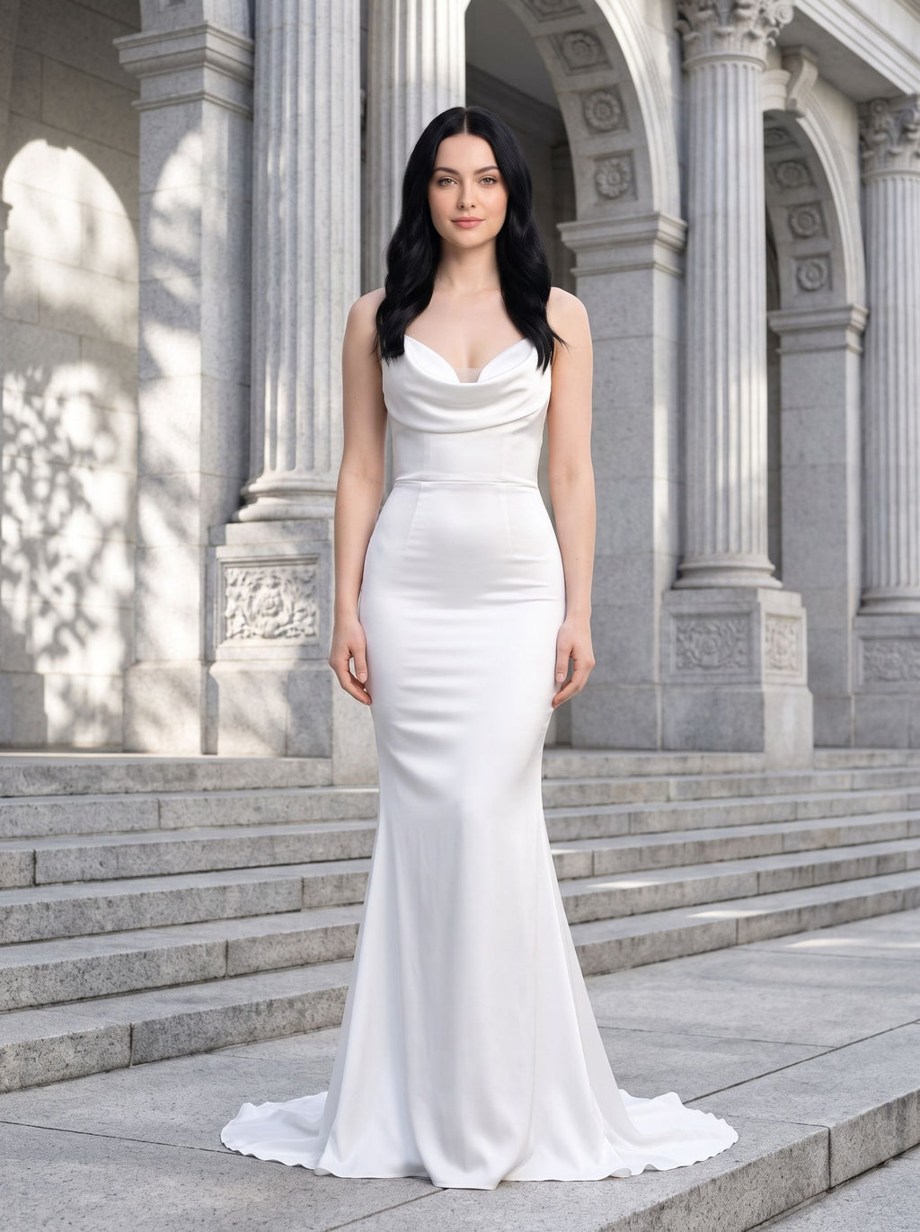 White Satin Mermaid Cowl Neck Bow Floor-Length Dress with Small Train