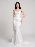 White Satin Mermaid Cowl Neck Bow Floor-Length Dress with Small Train