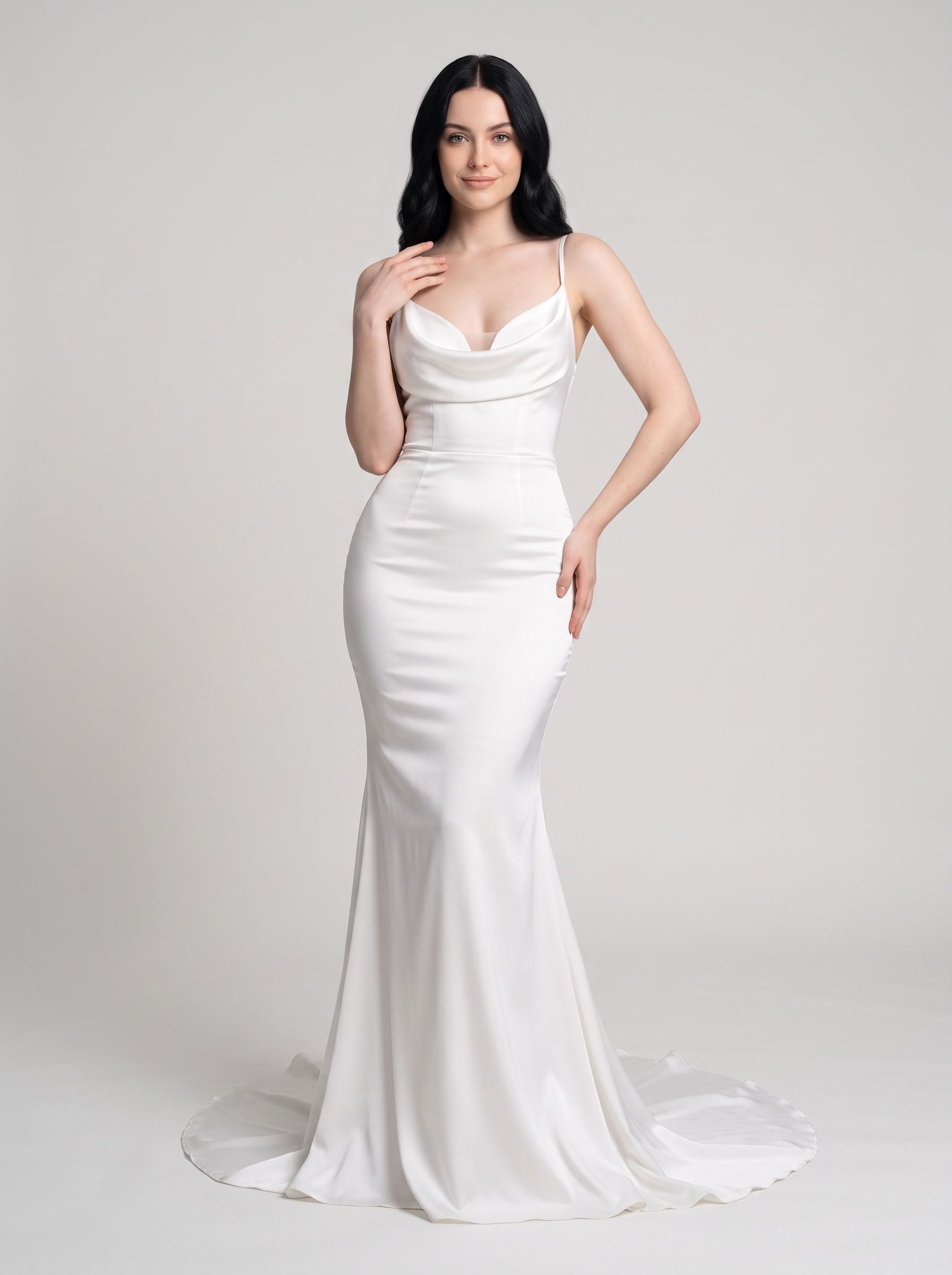 White Satin Mermaid Cowl Neck Bow Floor-Length Dress with Small Train