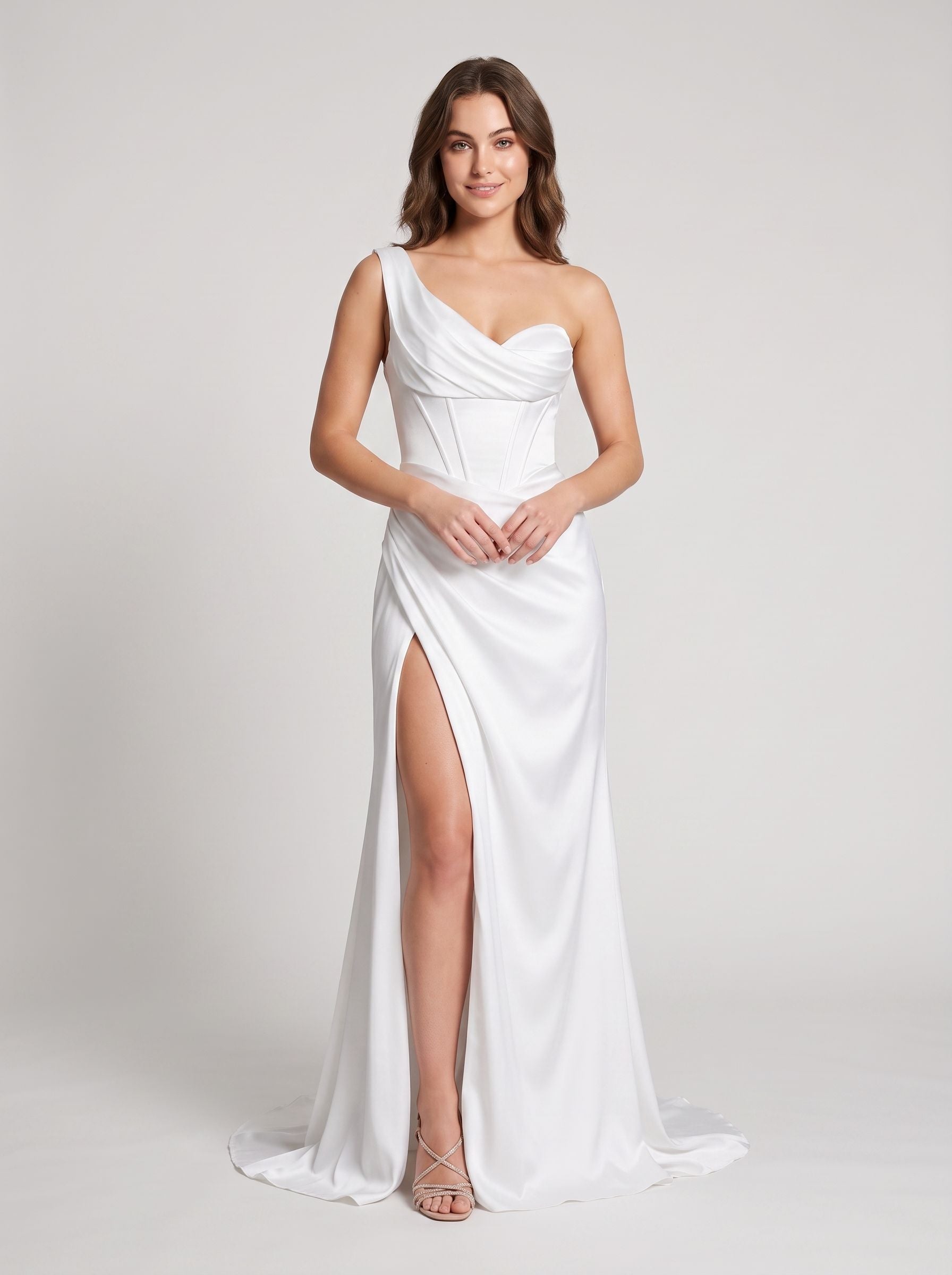 White Satin column One Shoulder Corset Back Floor-Length Dress with High Slit