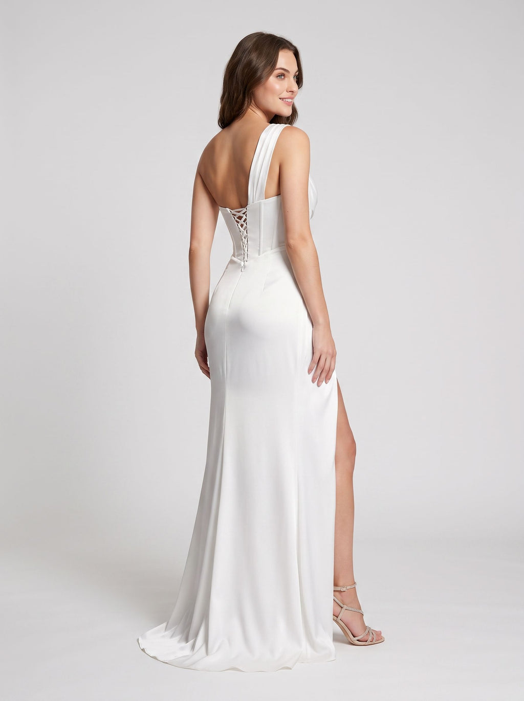 White Satin column One Shoulder Corset Back Floor-Length Dress with High Slit