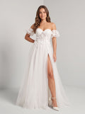 White Tulle A-Line Sweetheart Lace-up Floor-Length Dress with Removable Puff Sleeves