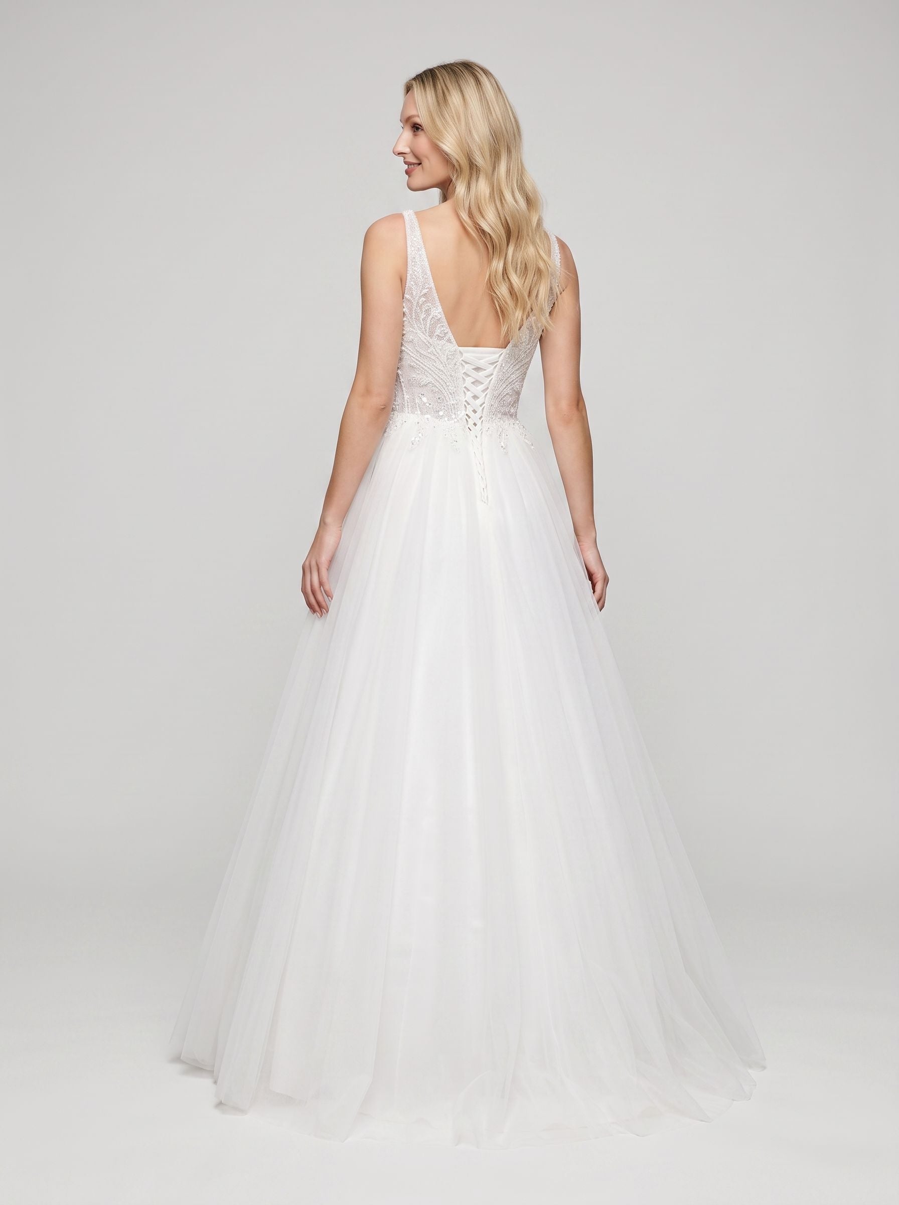 White Tulle A-Line Sweetheart Floor-Length Dress with Embroidered sheer corset bodice