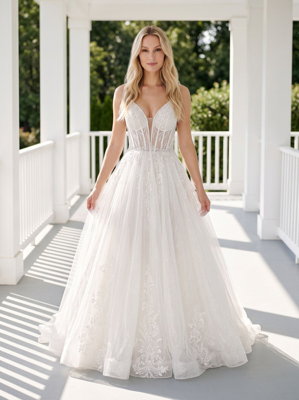 White Tulle A-Line Sweetheart Floor-Length Dress with Embroidered sheer corset bodice