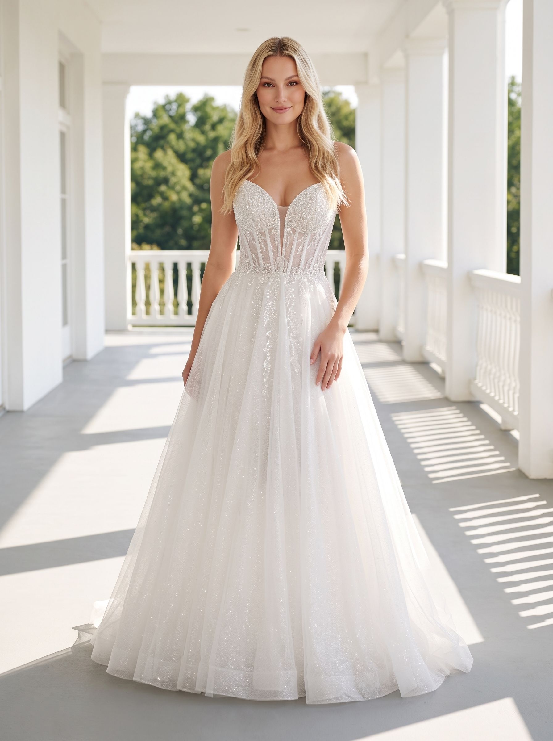 White Tulle A-Line Sweetheart Floor-Length Dress with Embroidered sheer corset bodice