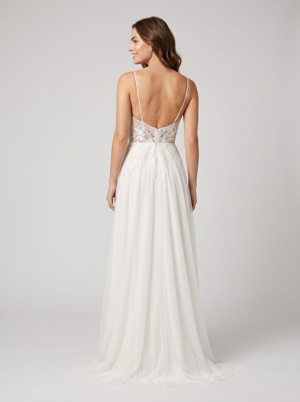 White Tulle A-Line V-Neck Illusion Floor-Length Dress with Floral Embroidery