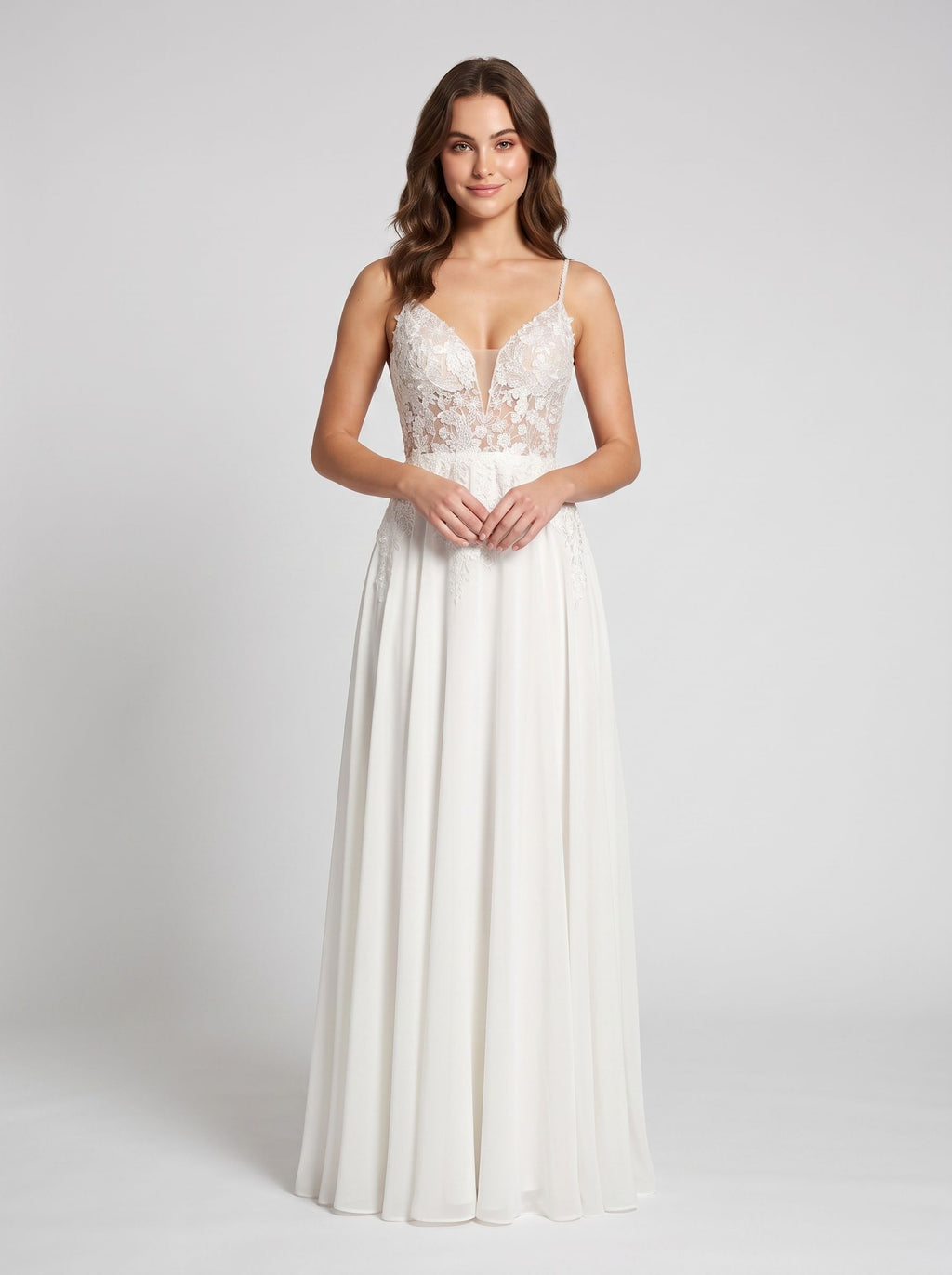 White Tulle A-Line V-Neck Illusion Floor-Length Dress with Floral Embroidery