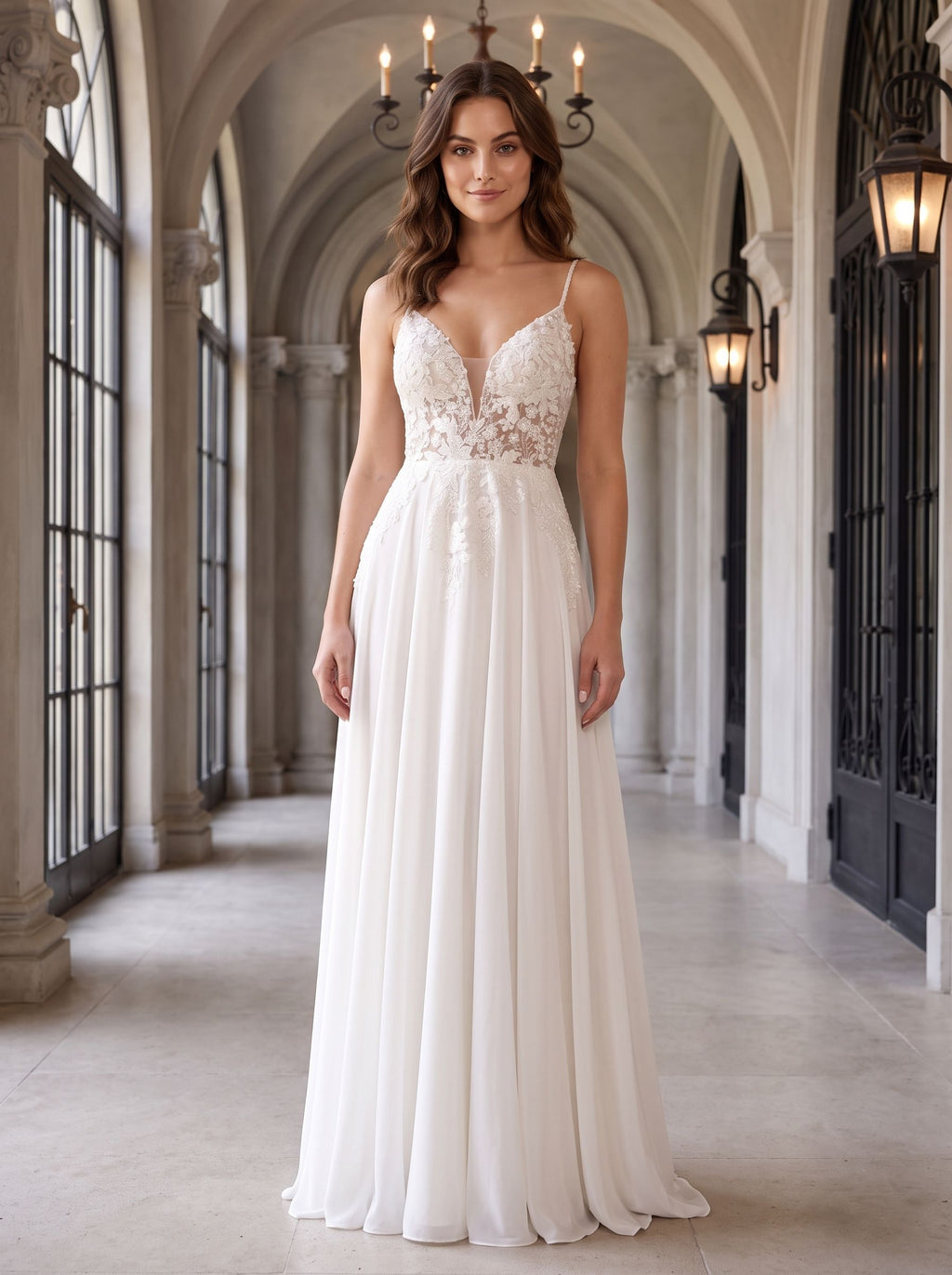 White Tulle A-Line V-Neck Illusion Floor-Length Dress with Floral Embroidery