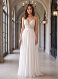 White Tulle A-Line V-Neck Illusion Floor-Length Dress with Floral Embroidery