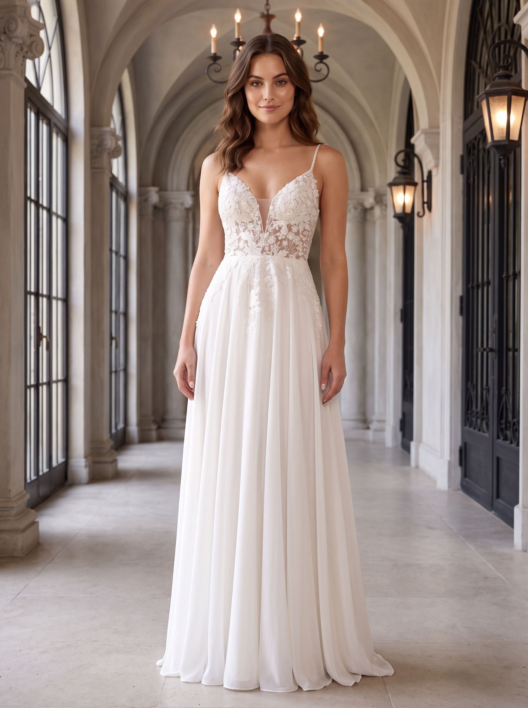 White Tulle A-Line V-Neck Illusion Floor-Length Dress with Floral Embroidery