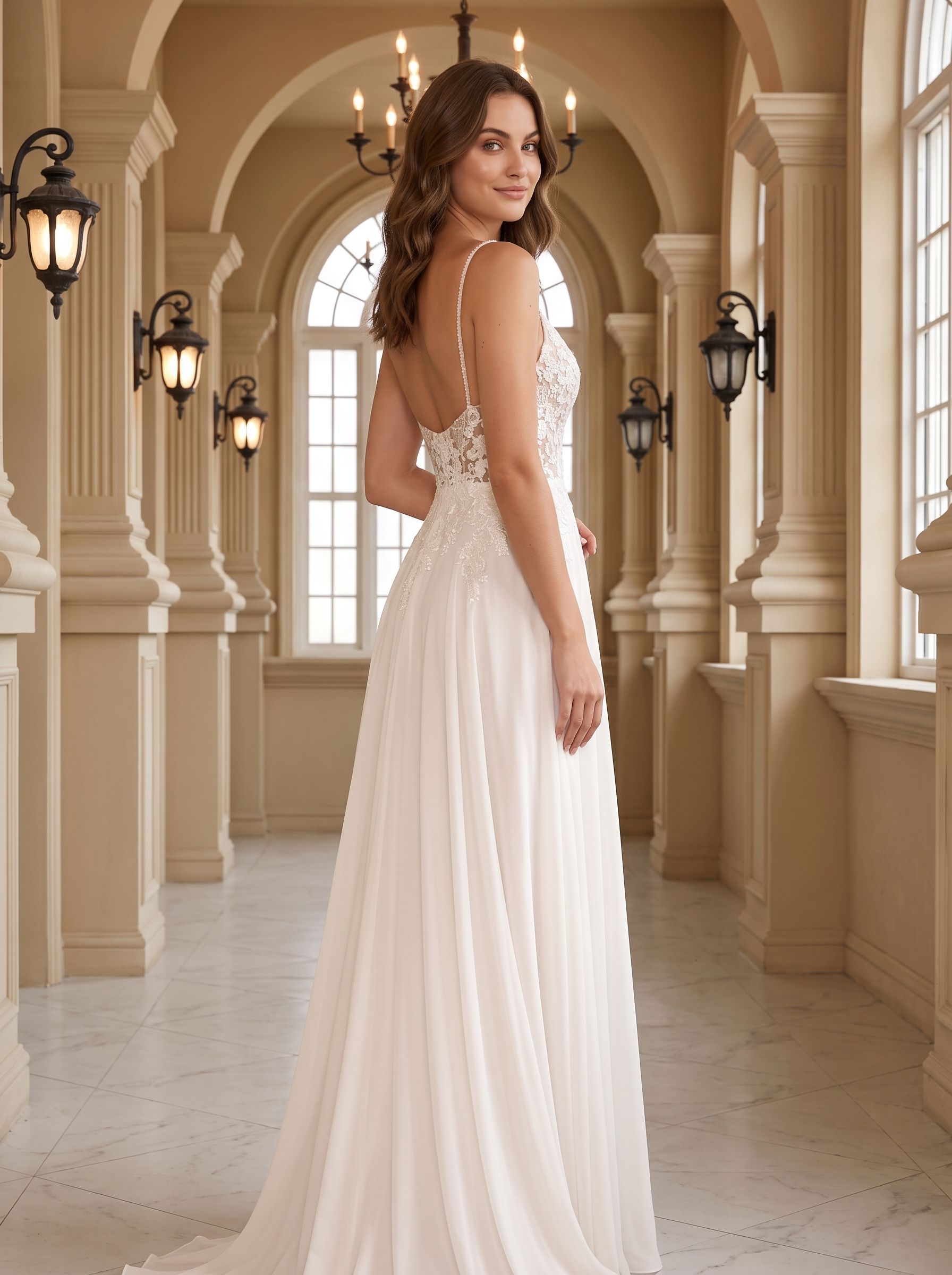 White Tulle A-Line V-Neck Illusion Floor-Length Dress with Floral Embroidery